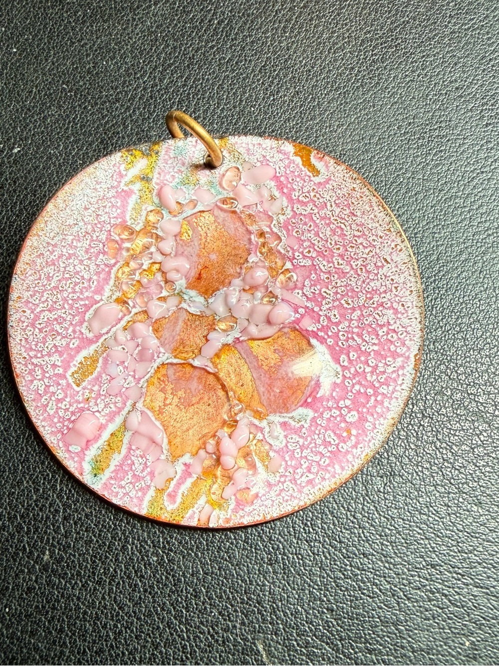 Vintage Modernist Enamel On Copper Pendant Pink/White Signed Lillian Skaggs MCM